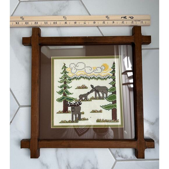 Cross Stitch Moose Family in Forest‎ 11" X 11" Vintage Completed Framed & Matted - Picture 5 of 5